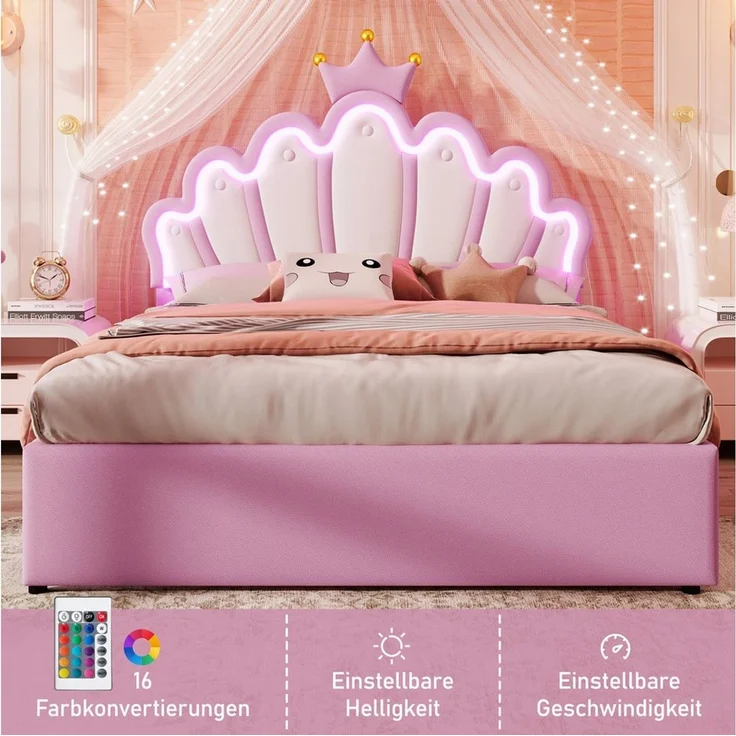 Flieks Polsterbett, LED Kinderbett mit krone-Form Prinzessinnenbett 140x200cm 2 Schubladen – Bild 3