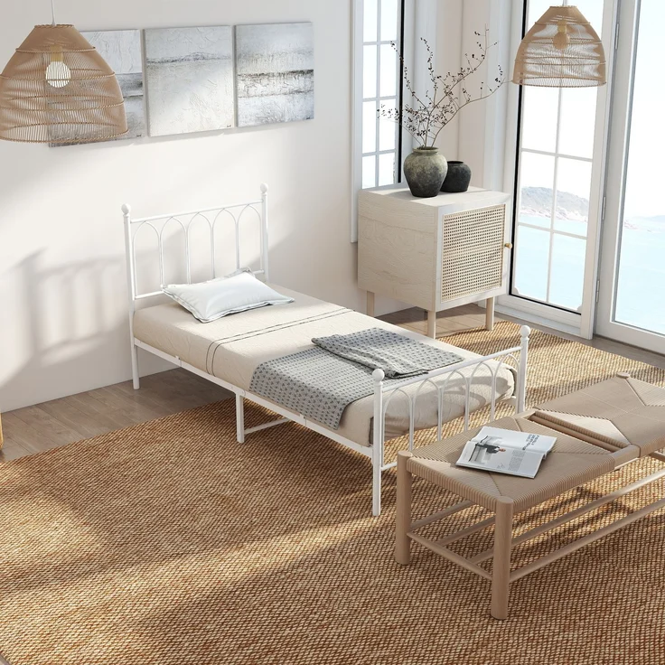 Metallbett 90x200 cm mit 15 cm Matratze, Industrial-Design, verziertes Kopfteil, Weiß – Bild 8