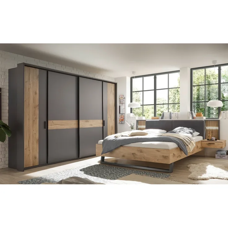 Schlafzimmer-Set >Daria< (3-teilig) Kleiderschrank, Passepartout , Bett, Viking Oak / Graphit