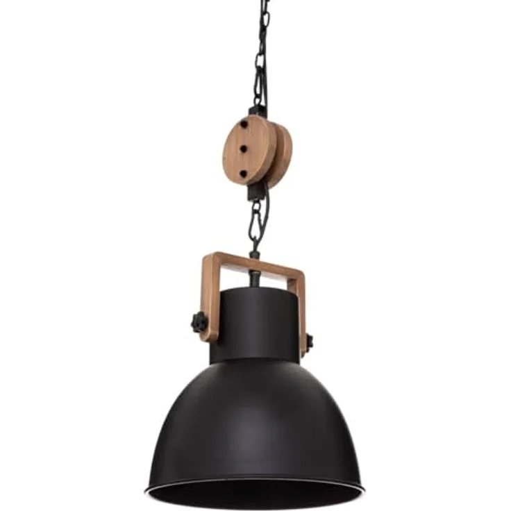 Atmosphera Silas 23 cm Pendelleuchte, Loft-Stil mit schwarzem Metall-Lampenschirm und Holzzubehör, E27 Fassung – Bild 1