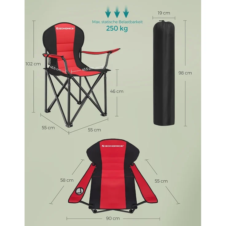 SONGMICS Campingstuhl, klappbar, Klappstuhl, bequemer mit Schaumstoff gepolsterter Sitz, mit Flaschenhalter, hoch belastbar, max. Belastbarkeit 250 kg, Outdoor Stuhl, rot GCB06BK – Bild 3