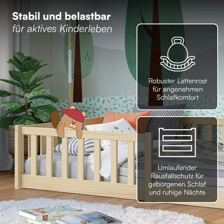 Bellabino 'Vere' Bodenbett 120x200 cm mit Matratze, natur, Massivholz Kiefer, Montessori Kinderbett mit Rausfallschutz und Lattenrost – Bild 4