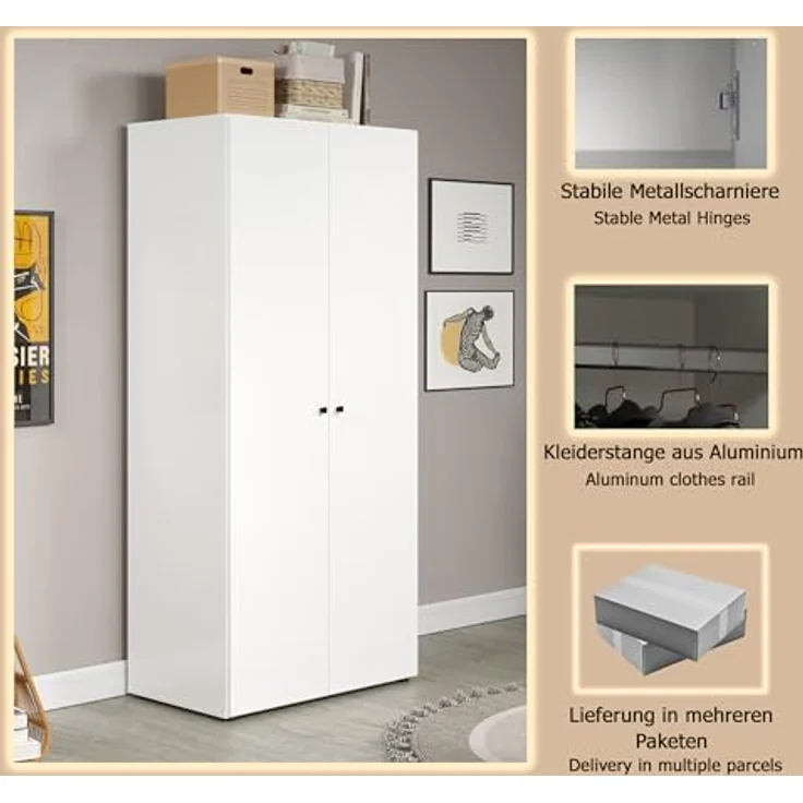 trendteam smart living - Basics - Kleiderschrank - Weiß - Garderobenschrank mit 2 Türen, 1 Hutablage und 1 Kleiderstange - (BxHxT) 81 x 176 x 51 cm - Moderner Stil – Bild 6