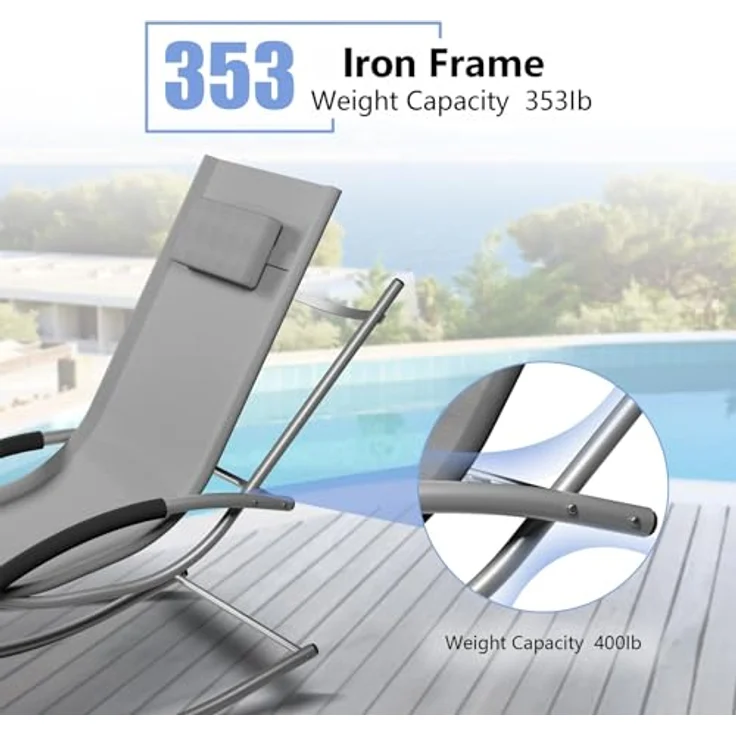 GarveeHome 3-Teiliges Outdoor-Lounge-Set Mit 2 Liegen Und 1 Couchtisch, Textilene-Schaukelstuhl Mit Gebogenem Metallrahmen, Liegestuhl Mit Kissen, Für Poolbereich, Terrasse Und Garten – Bild 8
