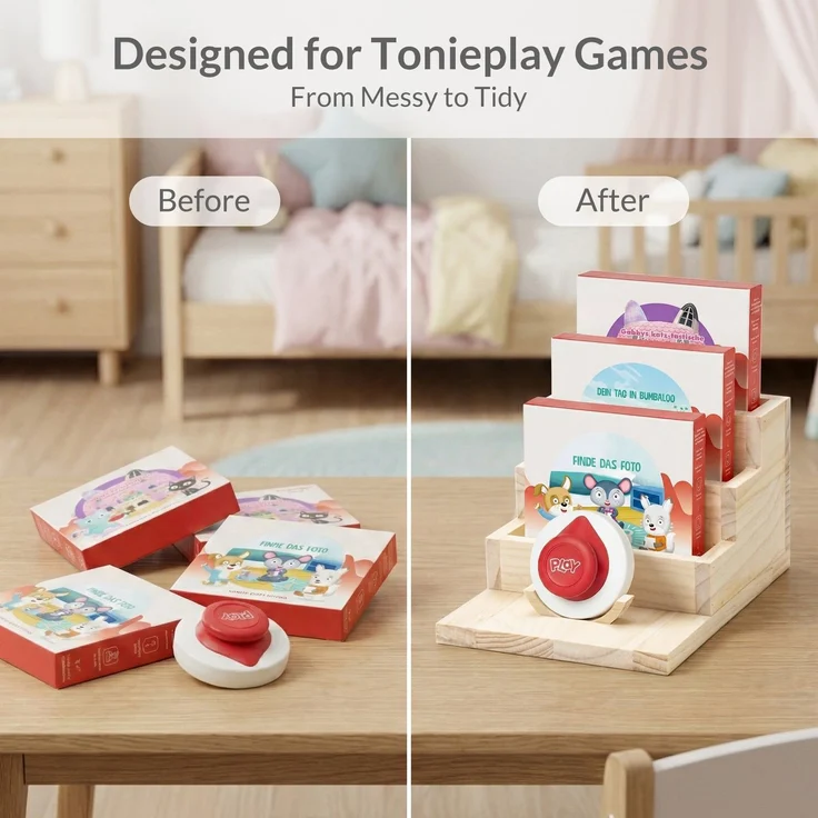 Todeco Tonieplay Spielregal aus Holz, Aufbewahrung für Tonieplay Spiele und Controller, Wandregal oder Tischregal fürs Kinderzimmer, Stufendesign – Bild 7