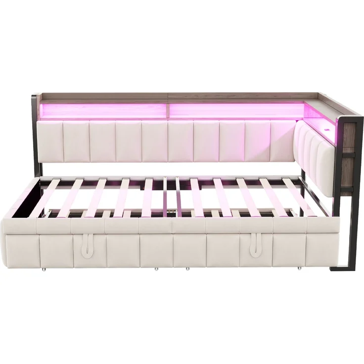CHICFURN Bett Schlafsofa aus Samtstoff Beige 90x200 cm mit Ausziehbett, LED-Beleuchtung und USB- und Type-C-Anschlüssen – Bild 6