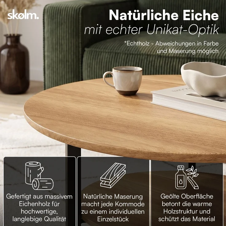 skølm 'Drakkar' Couchtisch rund, Massivholz Eiche, natur geölt, Wohnzimmertisch Ø70 cm mit Metallgestell, Beistelltisch für Wohnzimmer mit Ablage – Bild 3