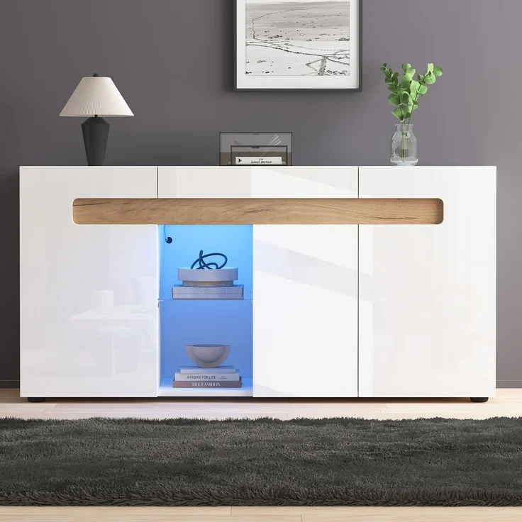 ZUBALIYA Sideboard 140x40x70 cm, mit LED-Beleuchtung, mit App-Steuerung, Hochglanz, aus Spanplatte, Weiß / Natur – Bild 4