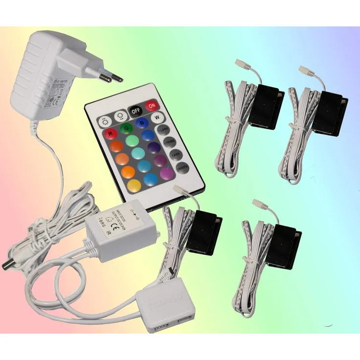 TRANGO LED Glaskantenbeleuchtung, 4er Set RGB Farbwechsel LED Glaskantenbeleuchtung 5022-04 inkl. Fernbedienung Schrankbeleuchtung I Glasbodenbeleuchtung I Vitrinenbeleuchtung, LED Clips I Möbelbeleuchtung