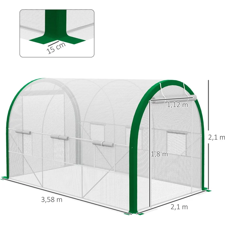 Wohnora-Foliengewächshaus 3,58 x 2,1 x 2,1 m Tunnelgewächshaus mit Rolltür für Garten & Balkon, verzinkter Stahl, weiß,H 210cm x T 358cm x B 210cm – Bild 2