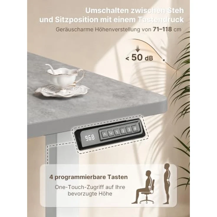 JUMMICO Höhenverstellbarer Schreibtisch 160x80 cm mit Steckdose | Schreibtisch Höhenverstellbar Elektrisch Stehtisch, Steh-Sitz Tisch, Bürotisch Computertisch für Home Office, Grau – Bild 4