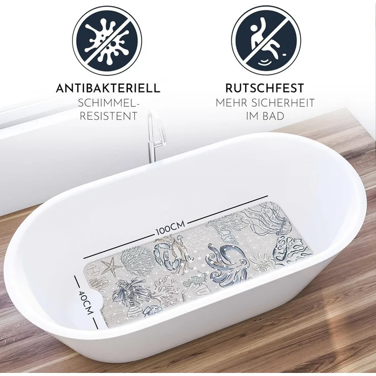 Homerella Badematte rutschfest 100% BPA frei inkl. 2 Haken zum Aufhängen 100x40cm, Antirutschmatte Badewanne hautsensitiv & schimmelresistent – Bild 2