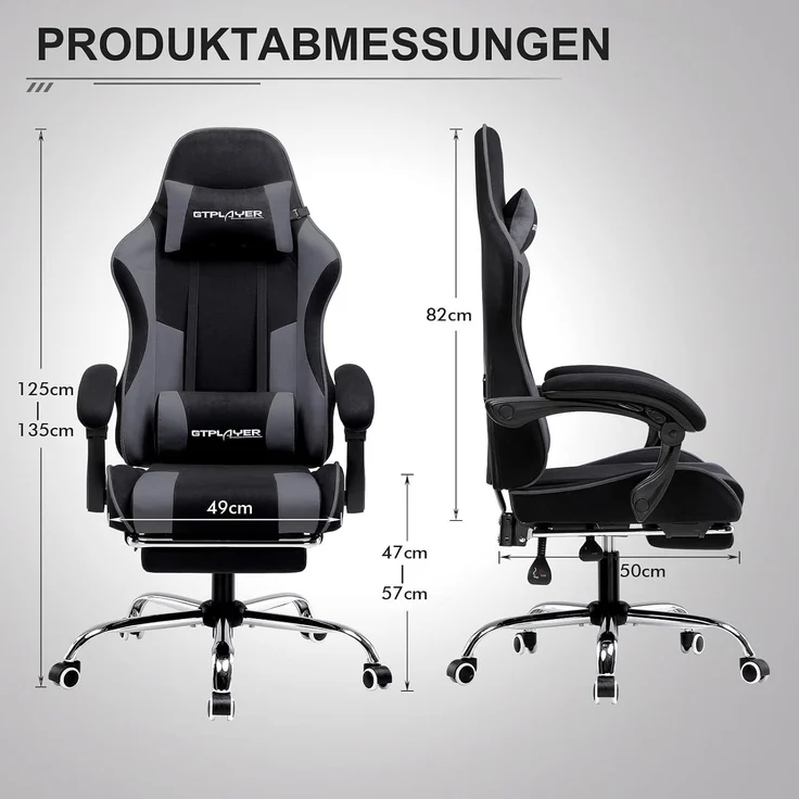 GTPLAYER Bürostuhl Gaming Stuhl Stoff Sessel Ergonomischer Gamer Stuhl mit Fußstütze, Kopfstütze Lendenkissen, Gepolstert Gaming Chair, Drehsessel – Bild 8
