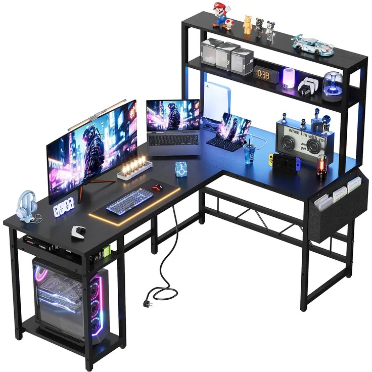 JUMMICO Eckschreibtisch Gaming mit Aufbewahrung, 155x100 cm, Schwarz | Computerschreibtisch mit Regalen, 2 Steckdosen + 2 USB-Anschlüsse, Stahlrahmen, LED-Beleuchtung