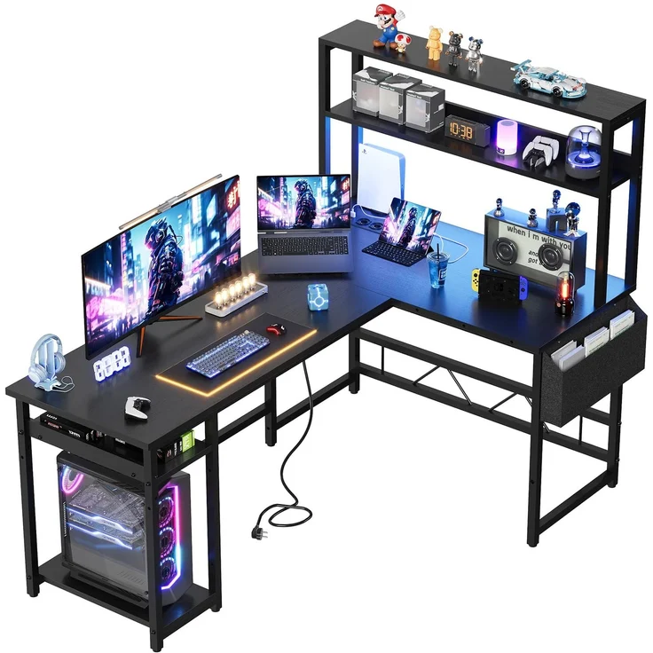 JUMMICO Eckschreibtisch Gaming mit Aufbewahrung, 155x100 cm, Schwarz | Computerschreibtisch mit Regalen, 2 Steckdosen + 2 USB-Anschlüsse, Stahlrahmen, LED-Beleuchtung