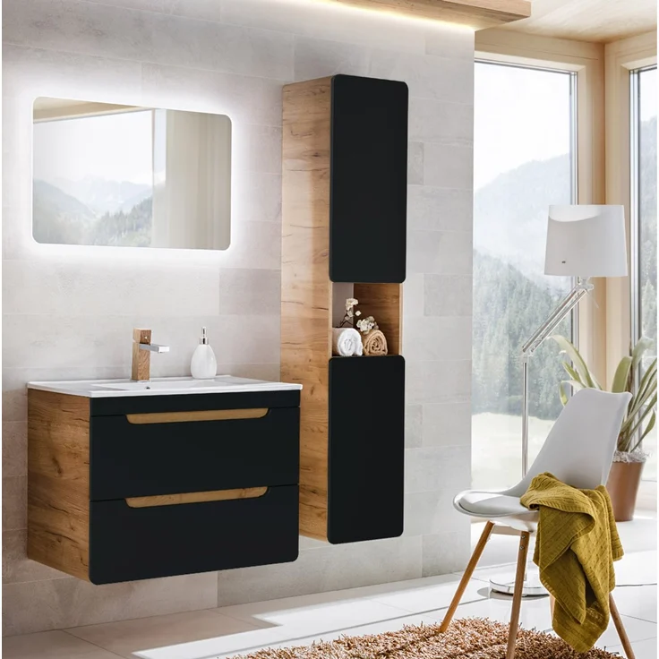 Badmöbel Waschplatzset in seidenmatt anthrazit mit Wotan Eiche Nb. NEW-LUTON mit 81 cm Keramik-Waschtisch & LED-Spiegel, B/H/T ca. 130/200/46 cm – Bild 1