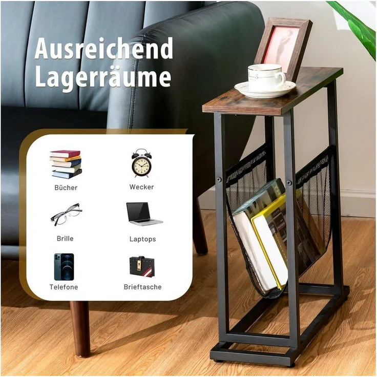 COSTWAY Industrieller Beistelltisch, 2-stufiger schmaler Sofatisch, Kaffeetisch mit Magazinhalterung und schwarzem Stahlsockel, rustikaler Nachttisch Teetisch für Wohnzimmer Schlafzimmer Büro – Bild 2