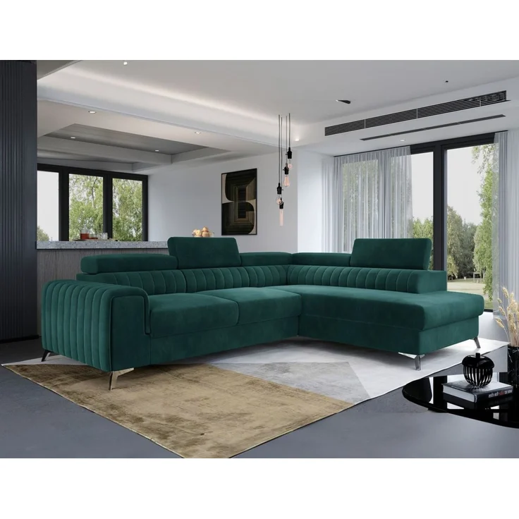 Ecksofa mit Schlaffunktion Sofa ELENI Stoff Monolith Grün Ottomane Rechts – Bild 1