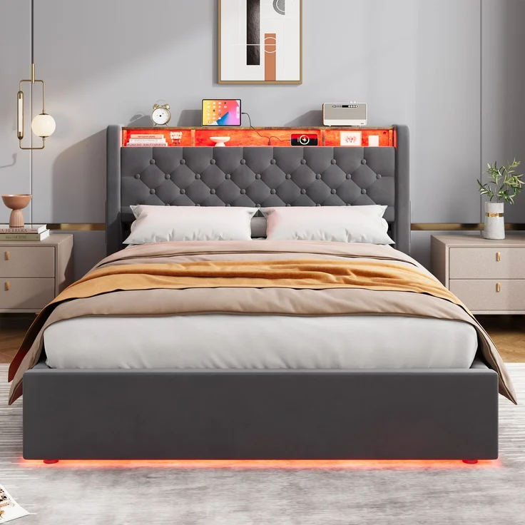 MODFU Polsterbett mit Bettkasten, LED, USB-C und Kopfteilablage, Holland-Velours Grau, 140x190 cm – Bild 4