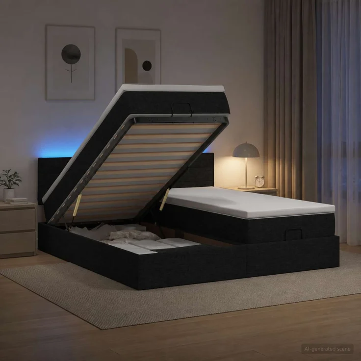 vidaXL Ottoman-Bett mit Matratze und LED Schwarz 200 x 200 cm Stoff 3457261 – Bild 4