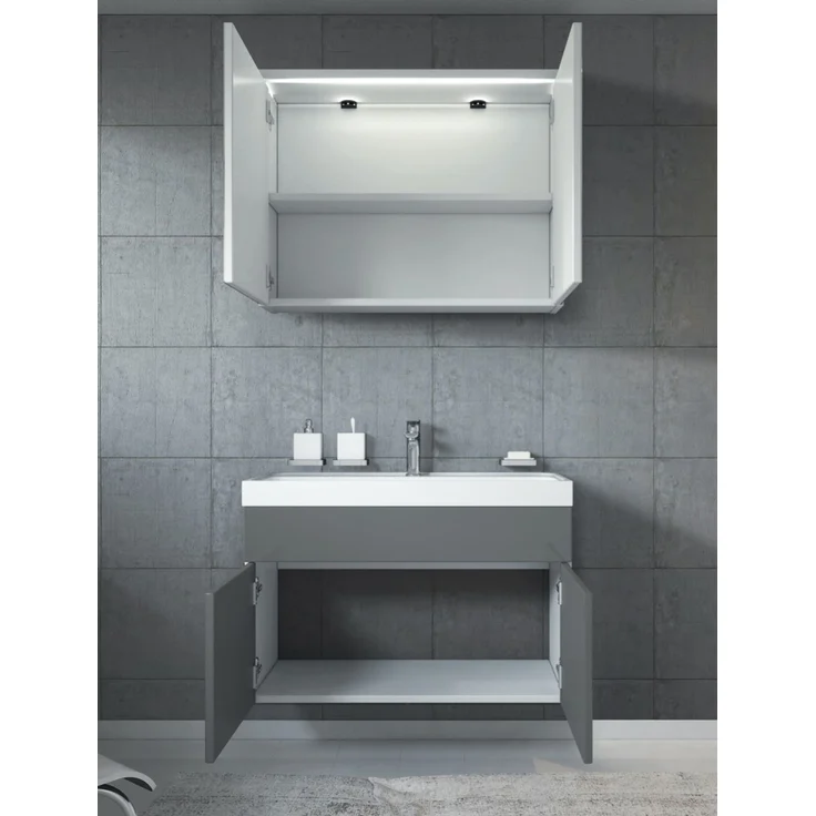 Badplaats Badmöbel Komplettset Paso 02 80 x 40 cm Weiß mit Grau Hochglanz - Badezimmermöbel mit Waschbecken und Spiegelschrank – Bild 3
