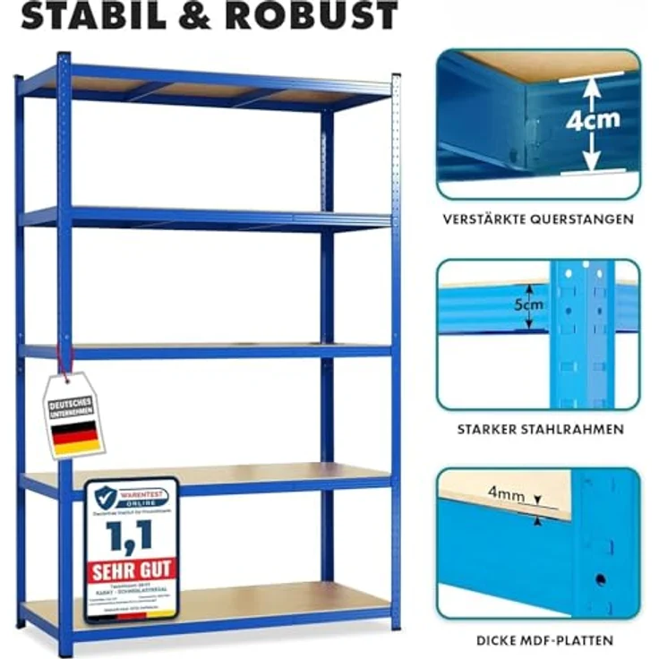 Floordirekt Schwerlastregal, 2er Set, blau 180 x 90 x 40 cm Steckregal, Kellerregal, Lagerregal, Werkstattregal, Werkbank - 5 verstellbare Böden (Lakota) – Bild 4