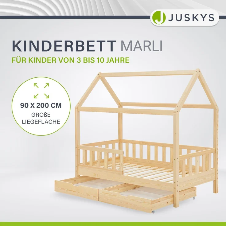 Juskys 'Marli' Hausbett mit Matratze, Bettkasten, Rausfallschutz & Lattenrost, massives Kiefernholz natur, 90 x 200 cm – Bild 1