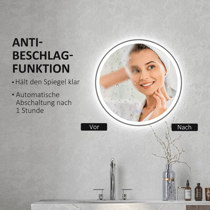 Badezimmerspiegel Badspiegel Runder Spiegel, LED-Licht, Touch-Funktion, kein Beschlagen, 60 x 60 cm--Weiß+Silber--60x3x60cm--YOUDENOVA – Bild 8