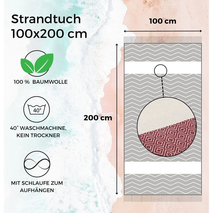 furora HOLIDAY Strandtuch groß 100x200 cm Strand Tuch, aus Baumwolle, Hamamtuch Badetuch, leicht, lang, dünn & kompakt – Bild 2