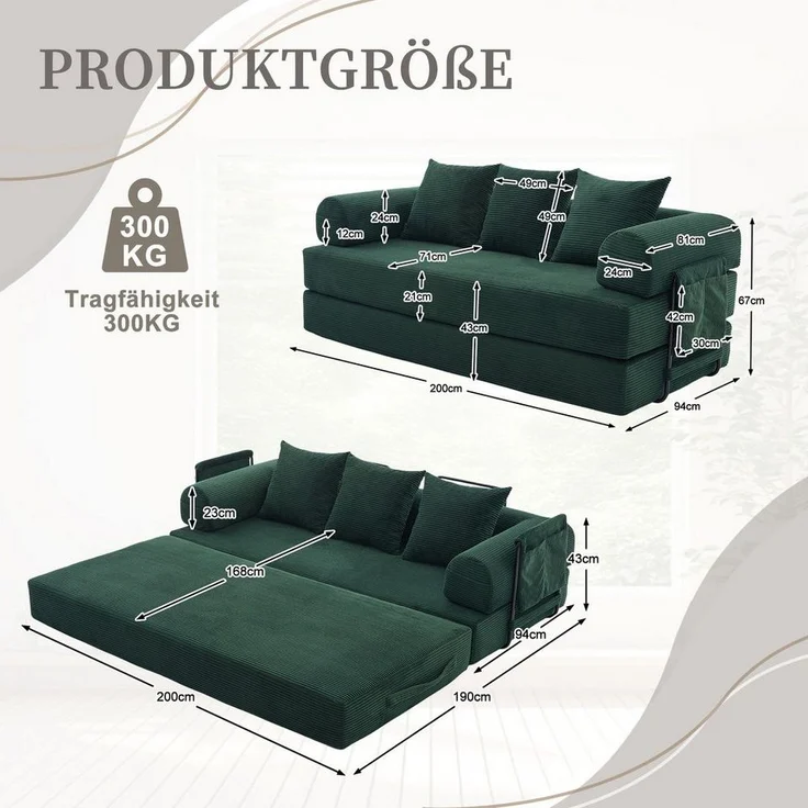 LVHOM Loungesofa faltbar mit Schlaffunktion, Stabil-/abnehmbarer Außenrahmen aus Metall, frei kombinierbar, Liege- oder Klappsofa, 3 Kissen, Hochelastischer Schaumstoff, weicher Cordstoff, Praktische Seitentaschen zur Aufbewahrung, Ideal für flexible R... – Bild 2