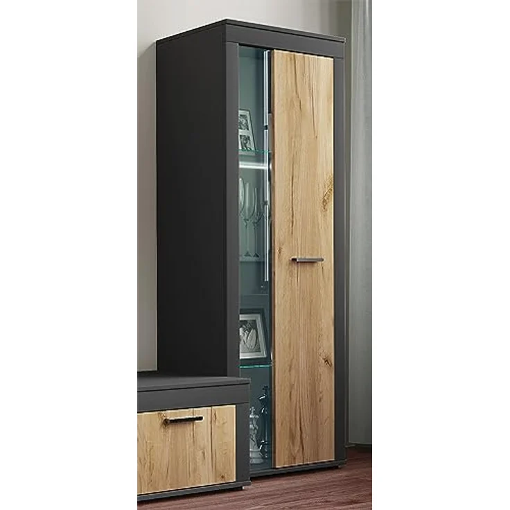 MID.YOU Vitrine Usilo, Anthrazit/Honigeiche, Glas, 3 Fächer, 60x159x35 cm, stehend – Bild 2