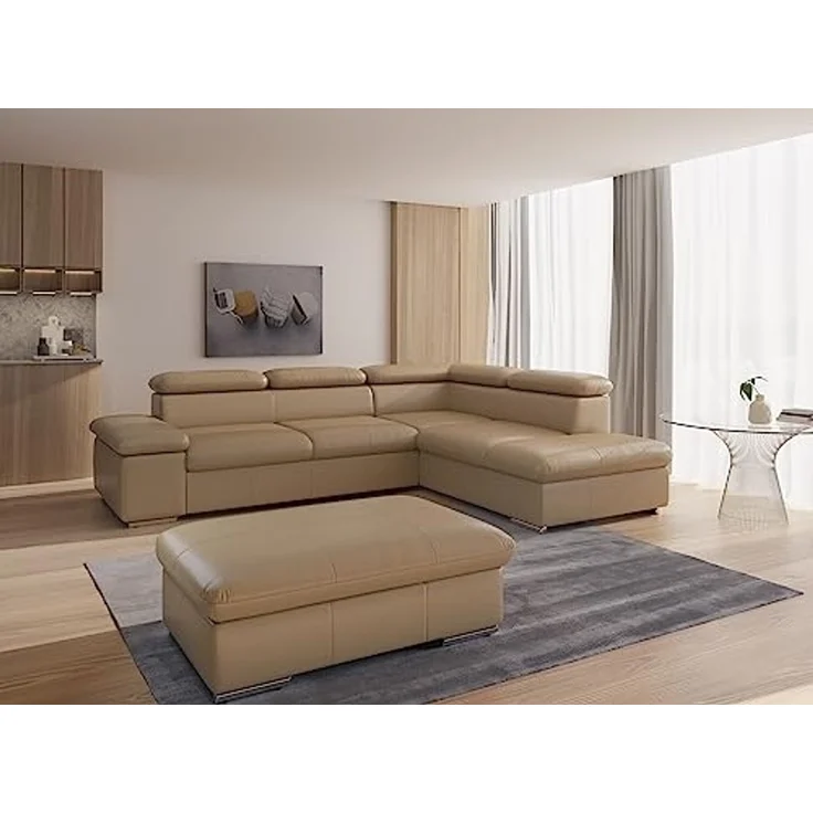 CAVADORE Echtleder-Hocker Valerie / Polsterhocker mit Metallfüßen als Beistellhocker, Fußhocker, Sitzgelegenheit, Couchtisch / 102 x 43 x 68 / Leder Beige – Bild 2