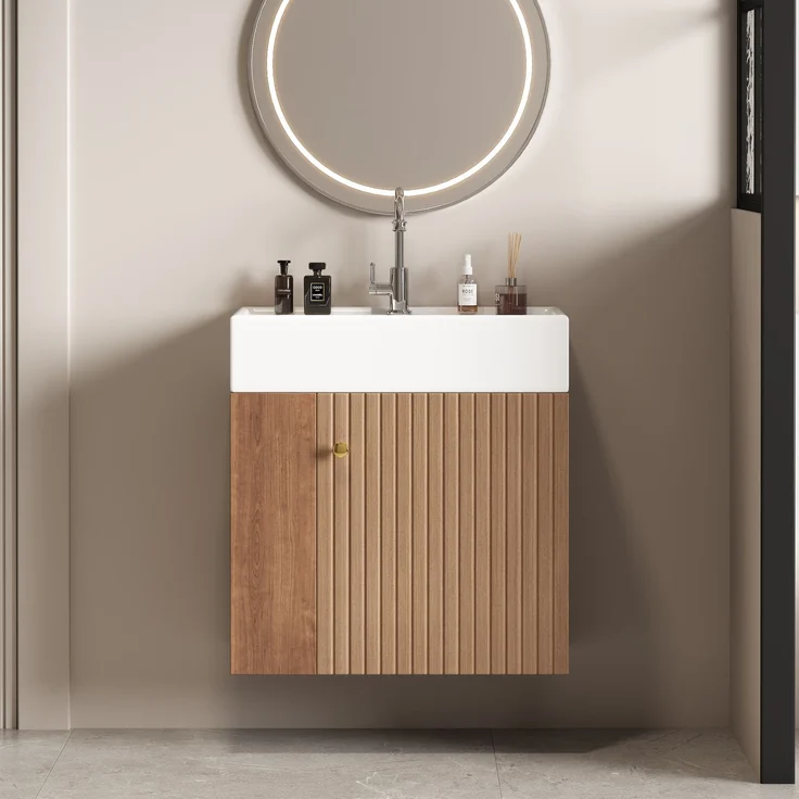 Waschtischunterschrank 66.5x55x31 cm, braun, mit Keramikbecken und Stauraum – Bild 3