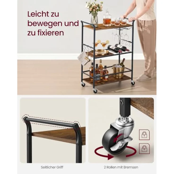 VASAGLE Servierwagen, Küchenwagen, abnehmbares Tablett, mit verstellbaren Füßen und Rollen, Küchenregal, Stahlrahmen, 64,5 x 32 x 85,5 cm, Industrie-Design, vintagebraun-schwarz LRC200K101 – Bild 3