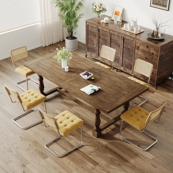 COLAMY Rattan Esstischstühle 6er Set, Samtbezug mit Metallgestell, Gelb – Bild 1