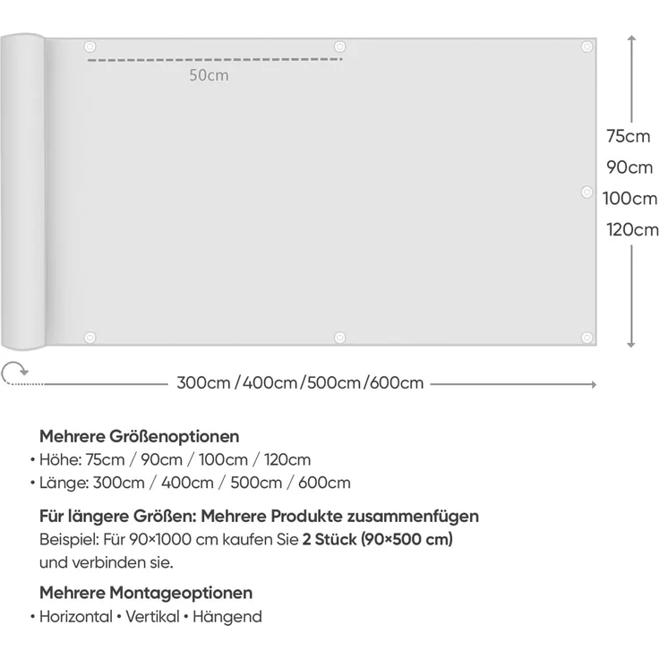Sekey Balkon Sichtschutz Balkonabdeckung HDPE 220 g/m² Leicht Transparent Wind- und UV-Schutz Wetterfest, 120x600cm, Taupe – Bild 8