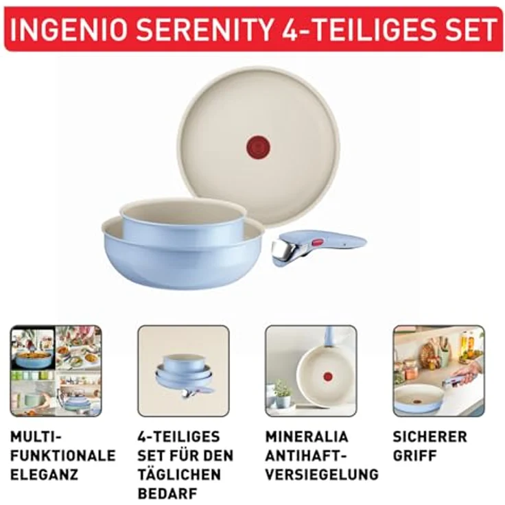 Tefal Ingenio Serenity Kochgeschirr-Set 4-teilig, Mineralia Antihaftversiegelung, platzsparend, stapelbar, für alle Herdarten, spülmaschinengeeignet, Calm Blue, L8274S04 – Bild 4
