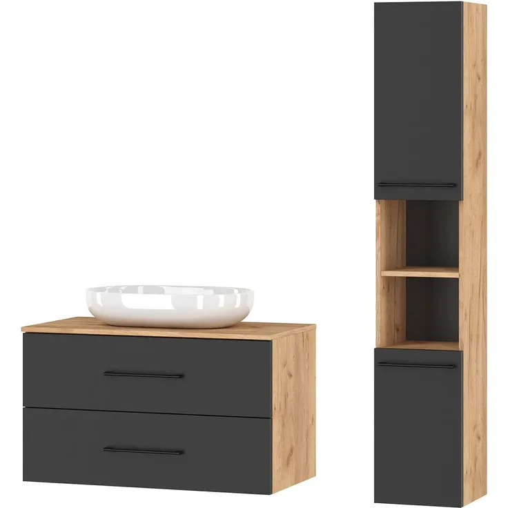 Planetmöbel Badmöbel Komplettset Badmöbel Komplettset 4-teilig 90cm mit Aufsatzwaschbecken und Hochschrank, in den Farben Gold Eiche/Anthrazit