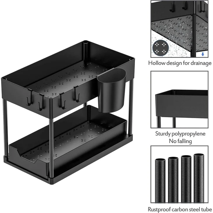 Puricon 2 Set Unter Waschbecken Regal 2 Etagen Küchenregal Schwarz – Bild 7