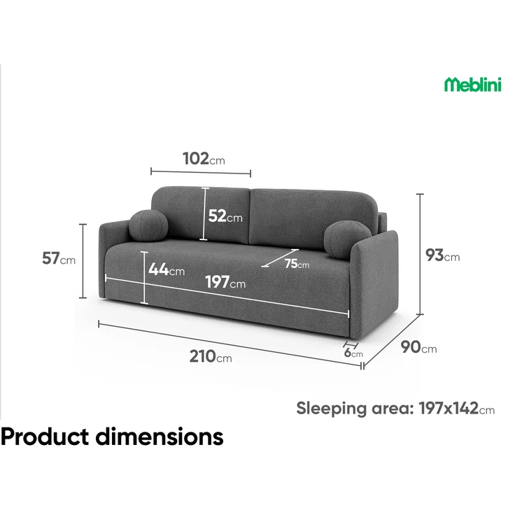 MEBLINI Sofa mit Schlaffunktion - ANAKIN - 210x90x93cm – Dunkelgrau Boucle – Schlafcouch Ausziehbar - Schlafsofa mit Bettkasten - Sofabett - Couch mit Schlaffunktion – Klappsofa – Bild 7