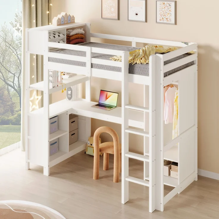 Merax Hochbett, Kinderbett 90x200 cm, mit Regale, mehrere Ablagefächer, Schreibtisch, Kleiderschrank, ohne Matratze, Weiß – Bild 2