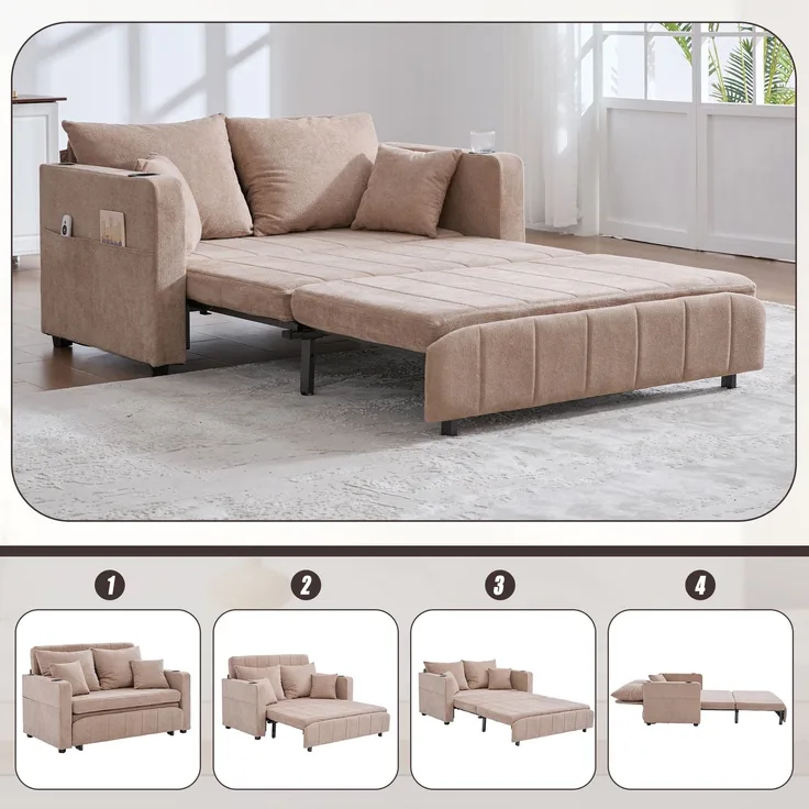 Wohnora-Multifunktionales Stoffsofa, ausziehbares Klappsofa, als Sofa oder Bett nutzbar, mit Aufbewahrungstaschen an den Armlehnen, mit USB-Ladefunktion und Getränkehaltern (khaki, Chenille),H 83cm x T 139cm x B 73cm,khaki