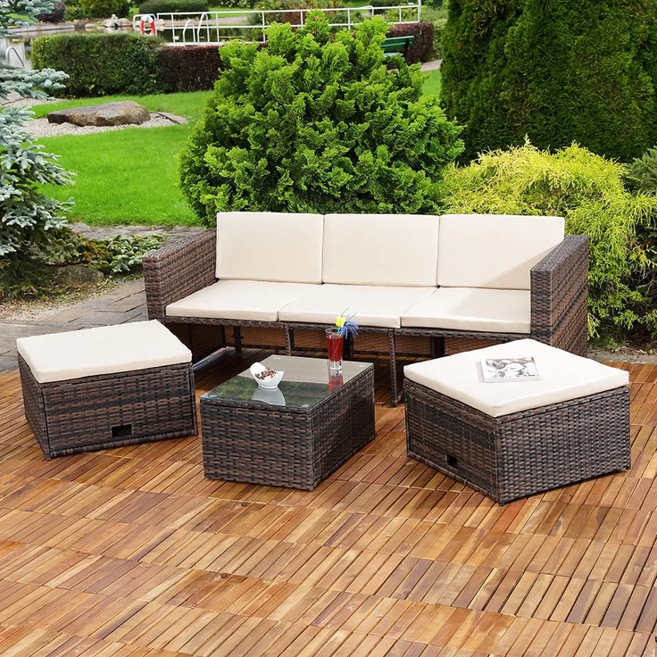 Lounge Gartenset Rattanmöbel Polyrattan Sitzmöbel Set Sofa Tisch 2 Hocker braun – Bild 3