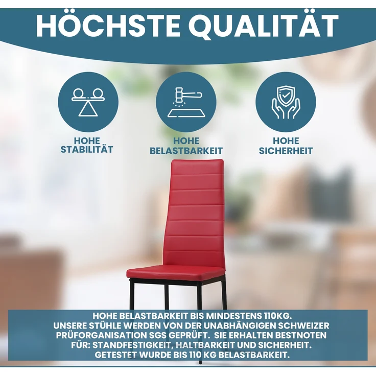 Albatros Esszimmerstühle MILANO 6er Set, Rot - Polsterstuhl mit Kunstleder-Bezug, Modernes Stilvolles Design am Esstisch - Küchenstuhl oder Stuhl Esszimmer mit hoher Belastbarkeit bis 110kg – Bild 3