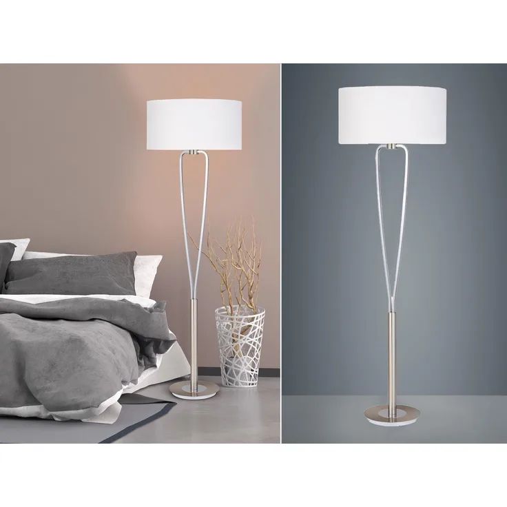 Designer LED Stehleuchte Silber mit Stoffschirm Weiß, Höhe 160cm