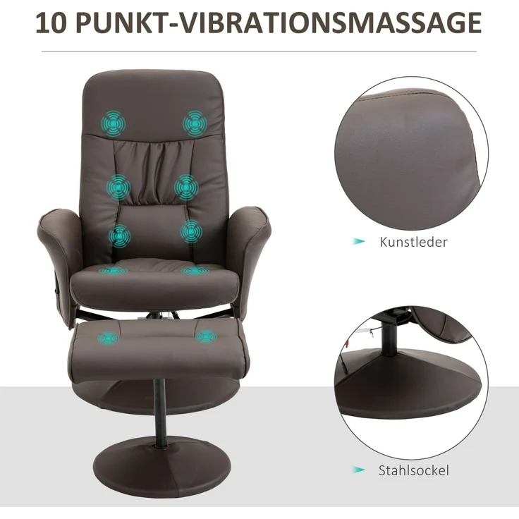 Massagesessel mit Hocker, 10 Massagepunkte & 360° Drehfunktion, 76x81x105 cm, Braun – Bild 4