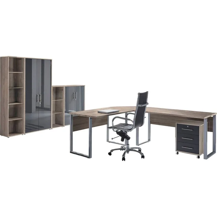 BMG Möbel Büromöbel-Set Office Edition, (Büroset, 6 tlg), Rollcontainer und Aktenschrank abschließbar