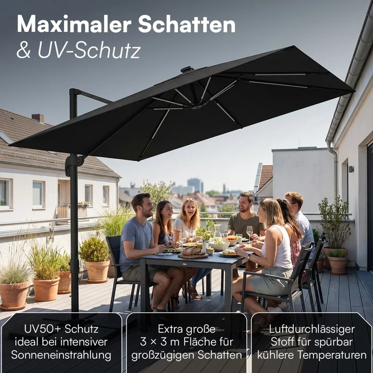 STEELSØN 'Lyrion' Sonnenschirm LED Solar 300x300 cm quadratisch, neigbar und 360-Grad drehbar, schwarz, Ampelschirm inkl. Abdeckung, UV50+ – Bild 10