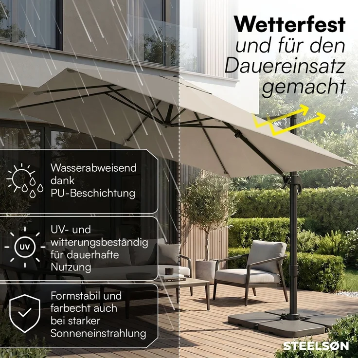 STEELSØN 'Elaris' Premium Sonnenschirm 300x300 cm quadratisch, neigbar und 360-Grad drehbar, taupe, Ampelschirm inkl. Hülle, extrem robuste Metall-Stange, 220 g/m² Polyester, UV50+ – Bild 4