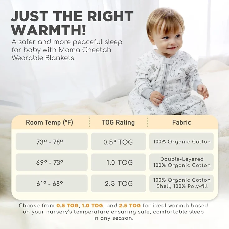 Mama Cheetah Toddler Schlafsack mit Füßen, Long Sleeve 0,5 TOG Bio-Baumwolle Baby Schlafsack mit Beinen, Wearable Decke für Wanderer w / 2-Wege-Reißverschluss, Kleinkind Decke, 6-18 M – Bild 8
